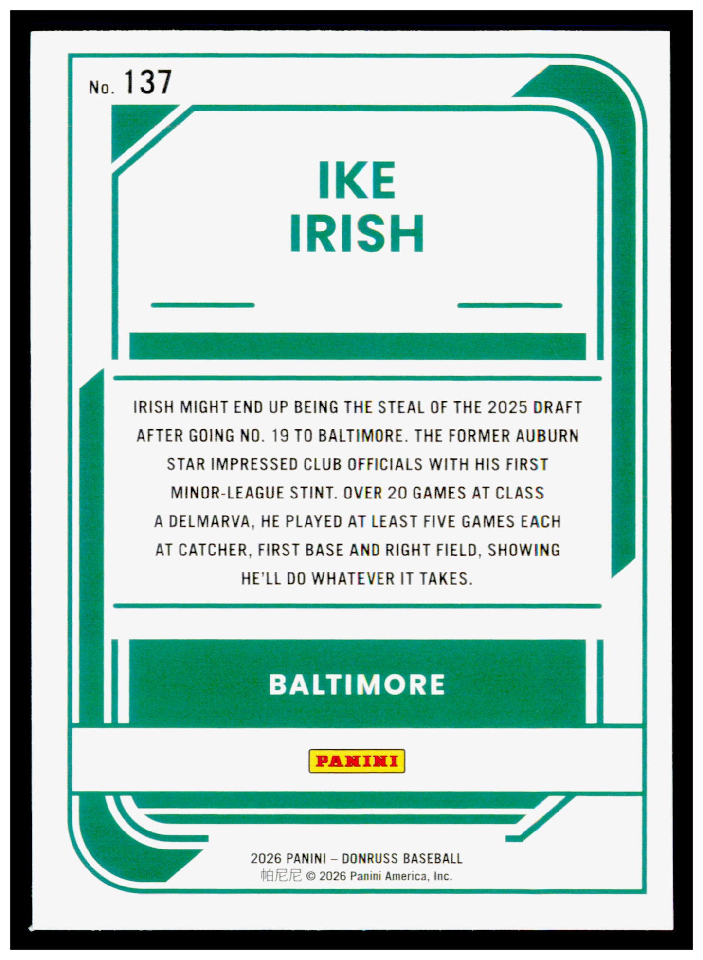 2026 Donruss Ike Irish Card Baltimore Orioles #137