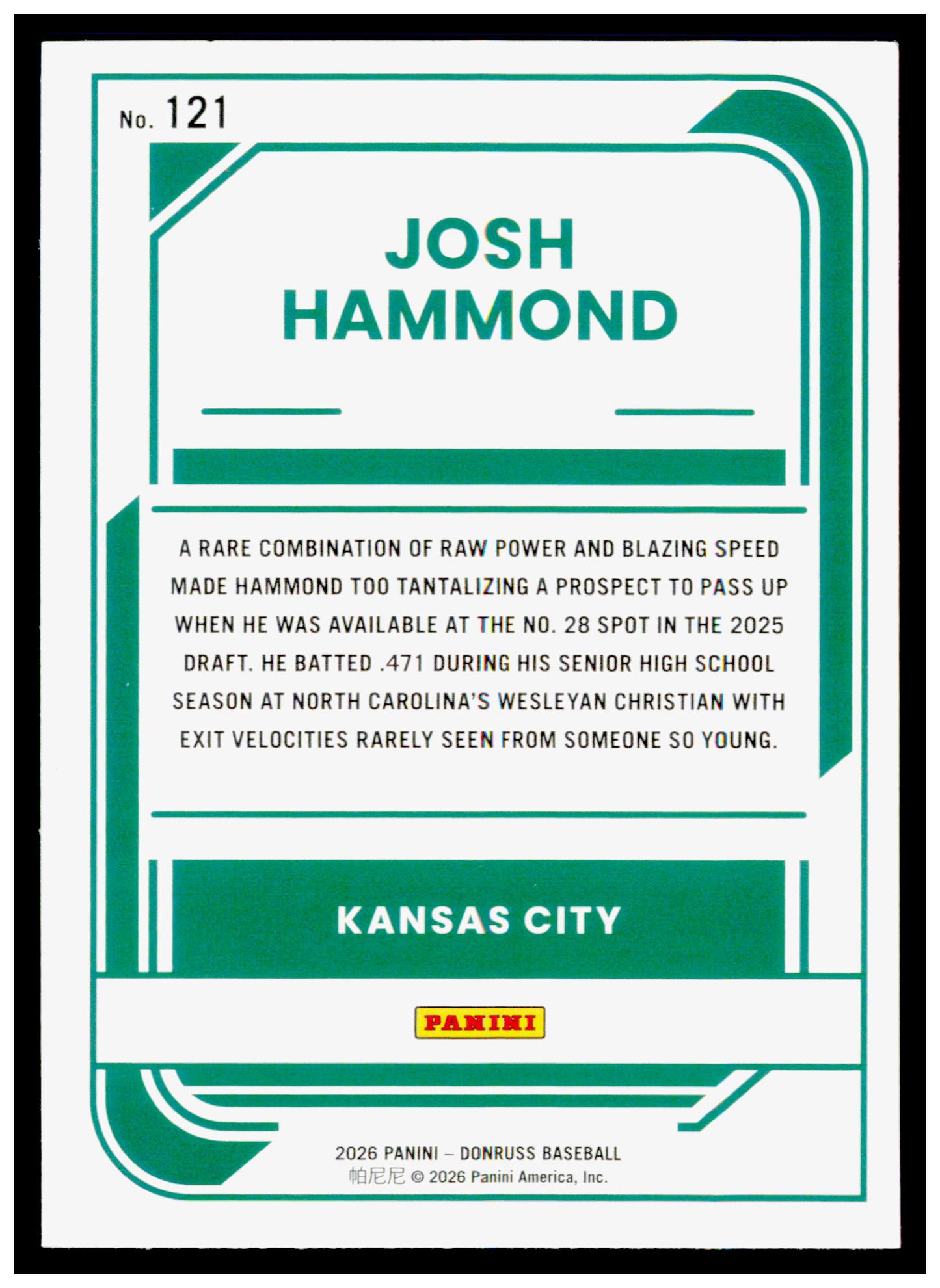 2026 Donruss Josh Hammond Card Kansas City Royals #121