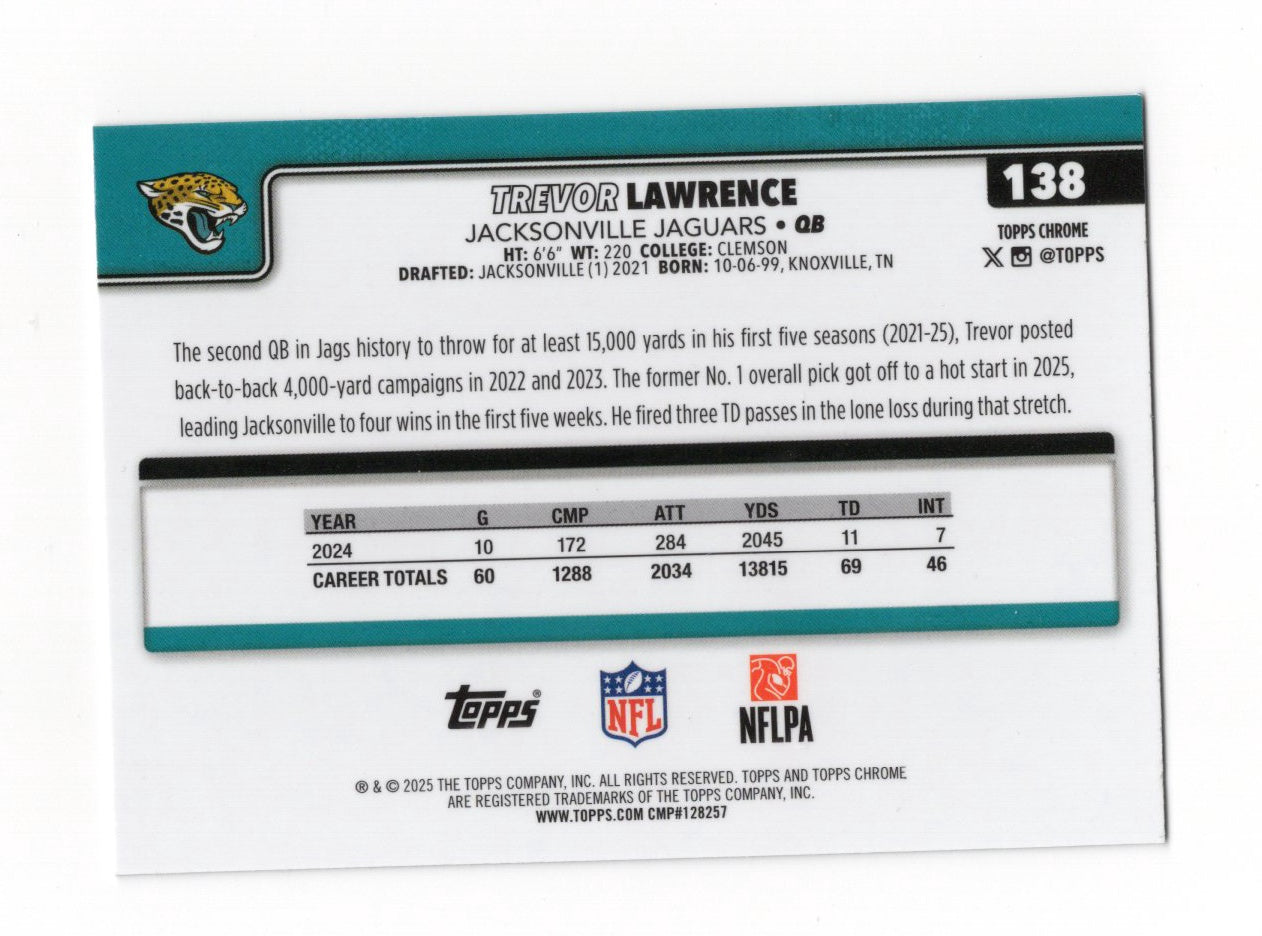 2025 Topps Chrome Trevor Lawrence Card Jacksonville Jaguars #138