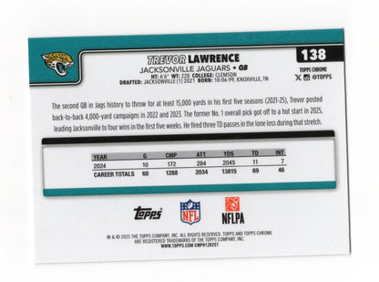 2025 Topps Chrome Trevor Lawrence Card Jacksonville Jaguars #138