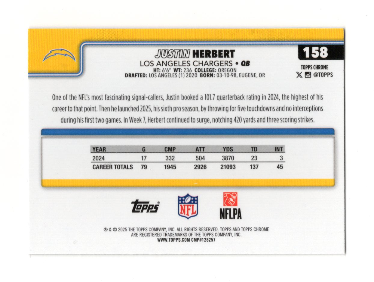 2025 Topps Chrome Justin Herbert Card Los Angeles Chargers #158