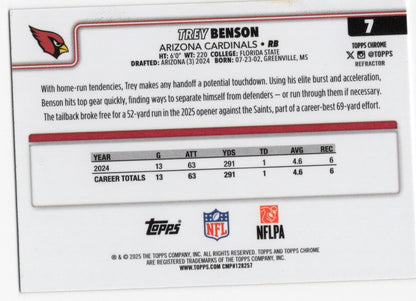 2025 Topps Chrome Trey Benson Card Refractor Arizona Cardinals #7