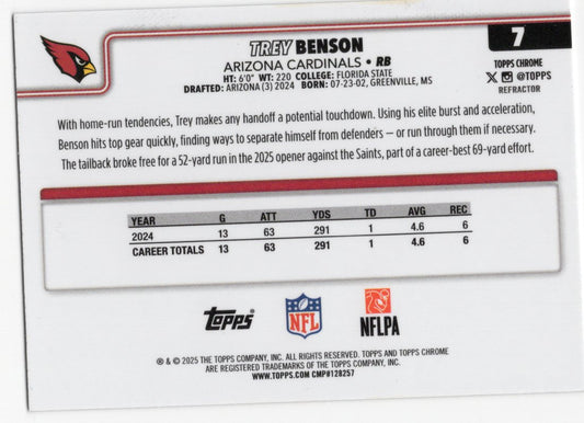 2025 Topps Chrome Trey Benson Card Refractor Arizona Cardinals #7