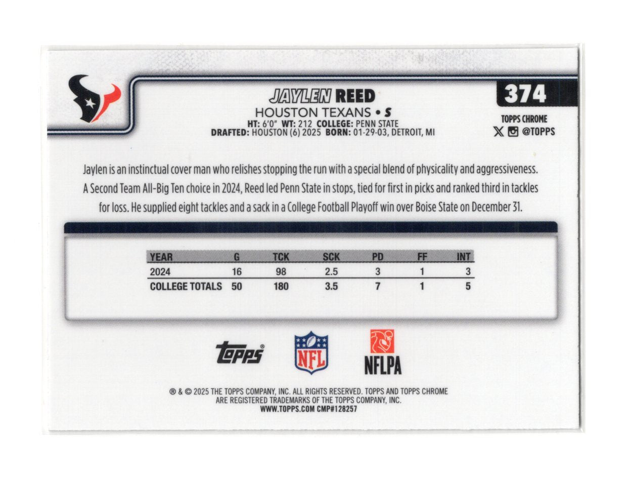 2025 Topps Chrome Jaylen Reed Card Rookie Houston Texans #374