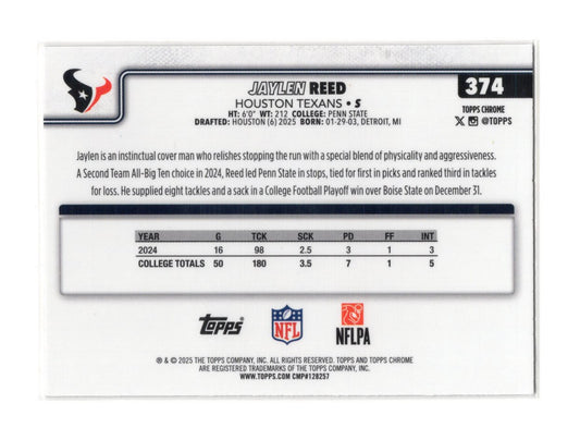 2025 Topps Chrome Jaylen Reed Card Rookie Houston Texans #374