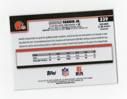 2025 Topps Chrome Harold Fannin Jr. Card Refractor Rookie Cleveland Browns #339