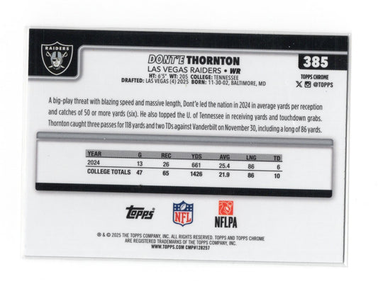 2025 Topps Chrome Dont'e Thornton Jr. Card Rookie Las Vegas Raiders #385
