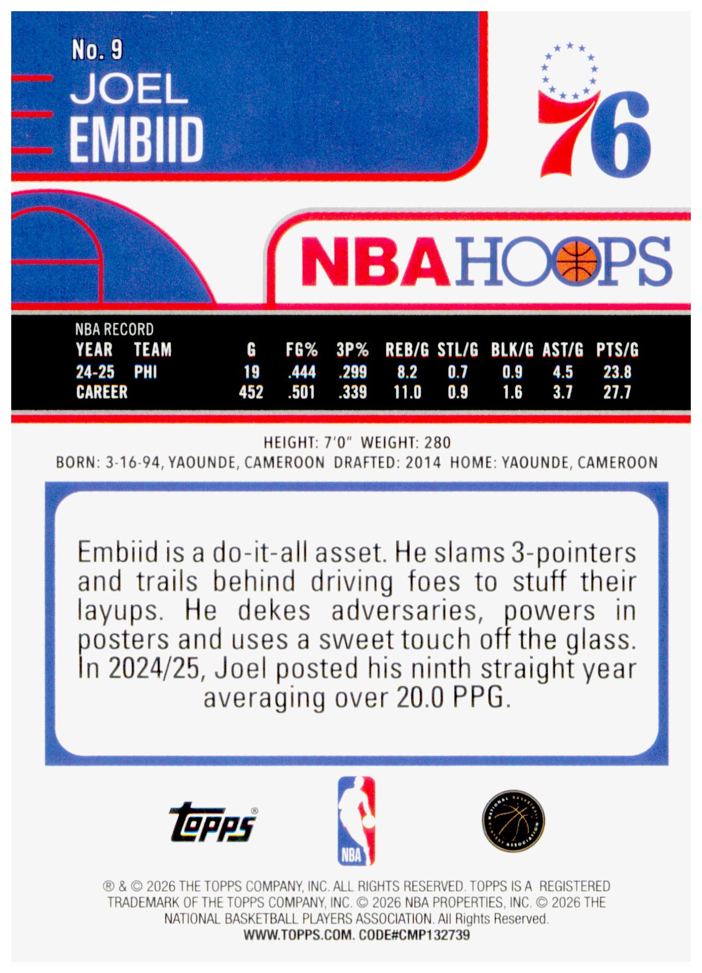 2025-26 Hoops Joel Embiid Card Philadelphia 76ers #9