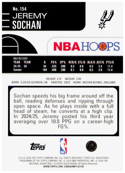 2025-26 Hoops Jeremy Sochan Card San Antonio Spurs #154