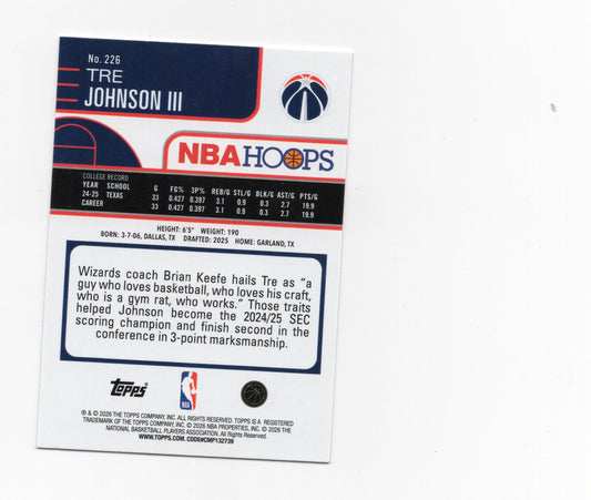 2025-26 Hoops Tre Johnson III Card Rookie Washington Wizards #226