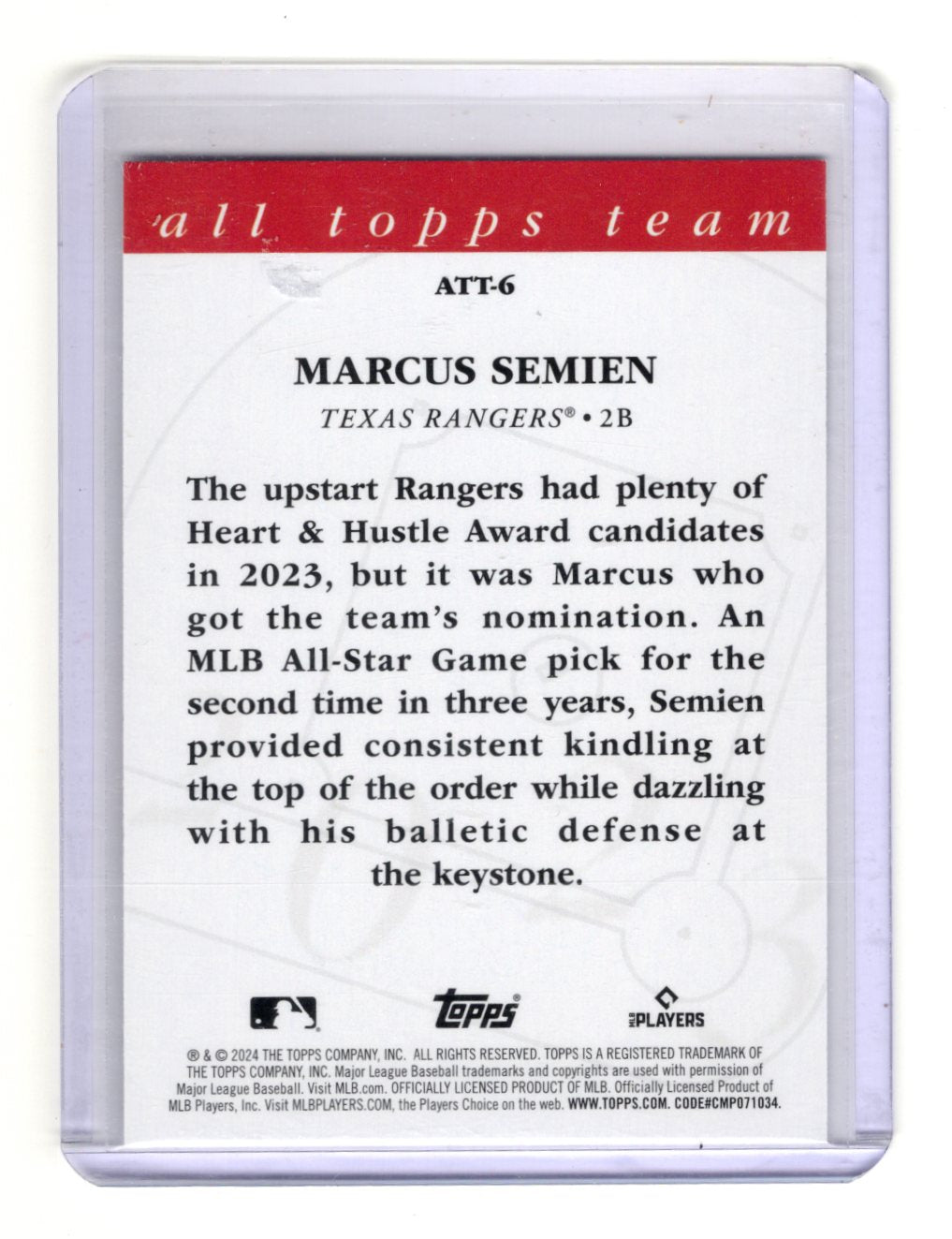 2024 Topps Marcus Semien Card 2023 All Topps Team Texas Rangers #ATT-6