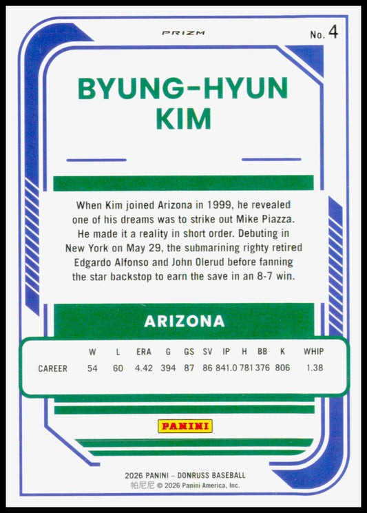 2026 Donruss Byung-Hyun Kim Card Optic Orange Velocity Arizona Diamondbacks #4
