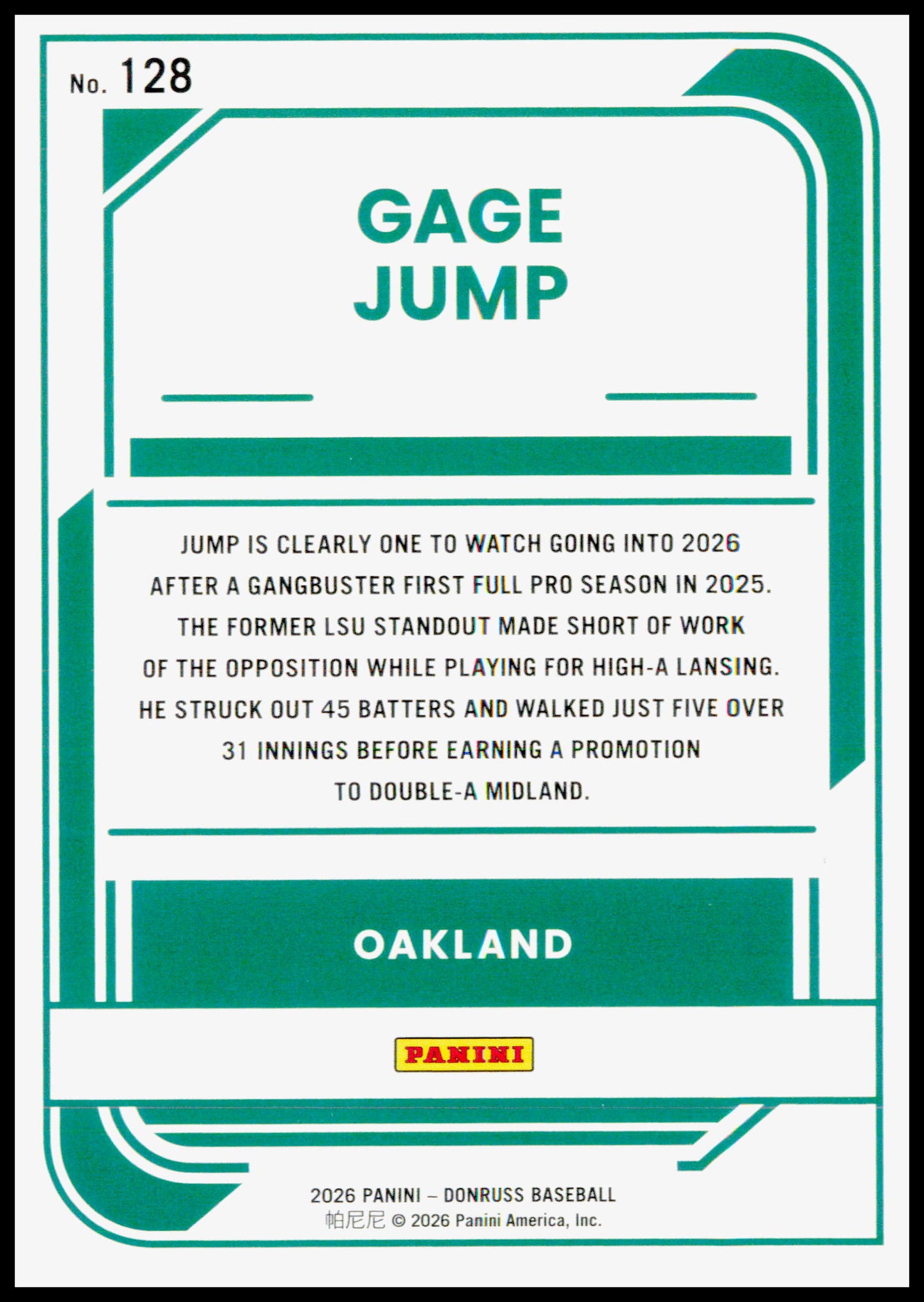 2026 Donruss Gage Jump Card Athletics #128