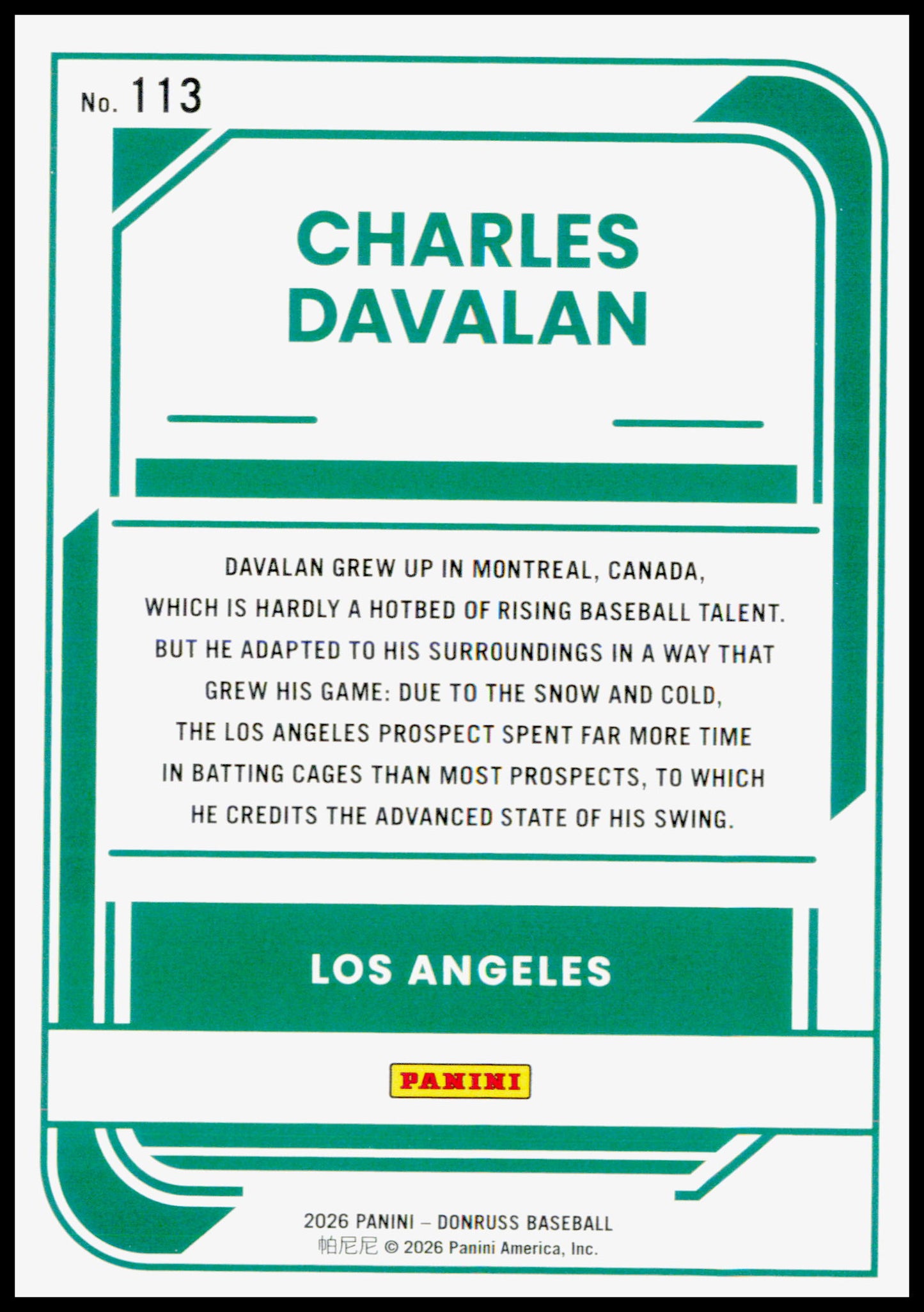 2026 Donruss Charles Davalan Card Los Angeles Dodgers #113