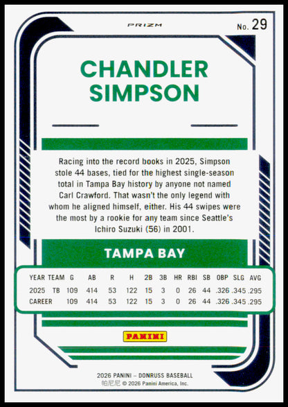 2026 Donruss Chandler Simpson Card Optic Tampa Bay Rays #29