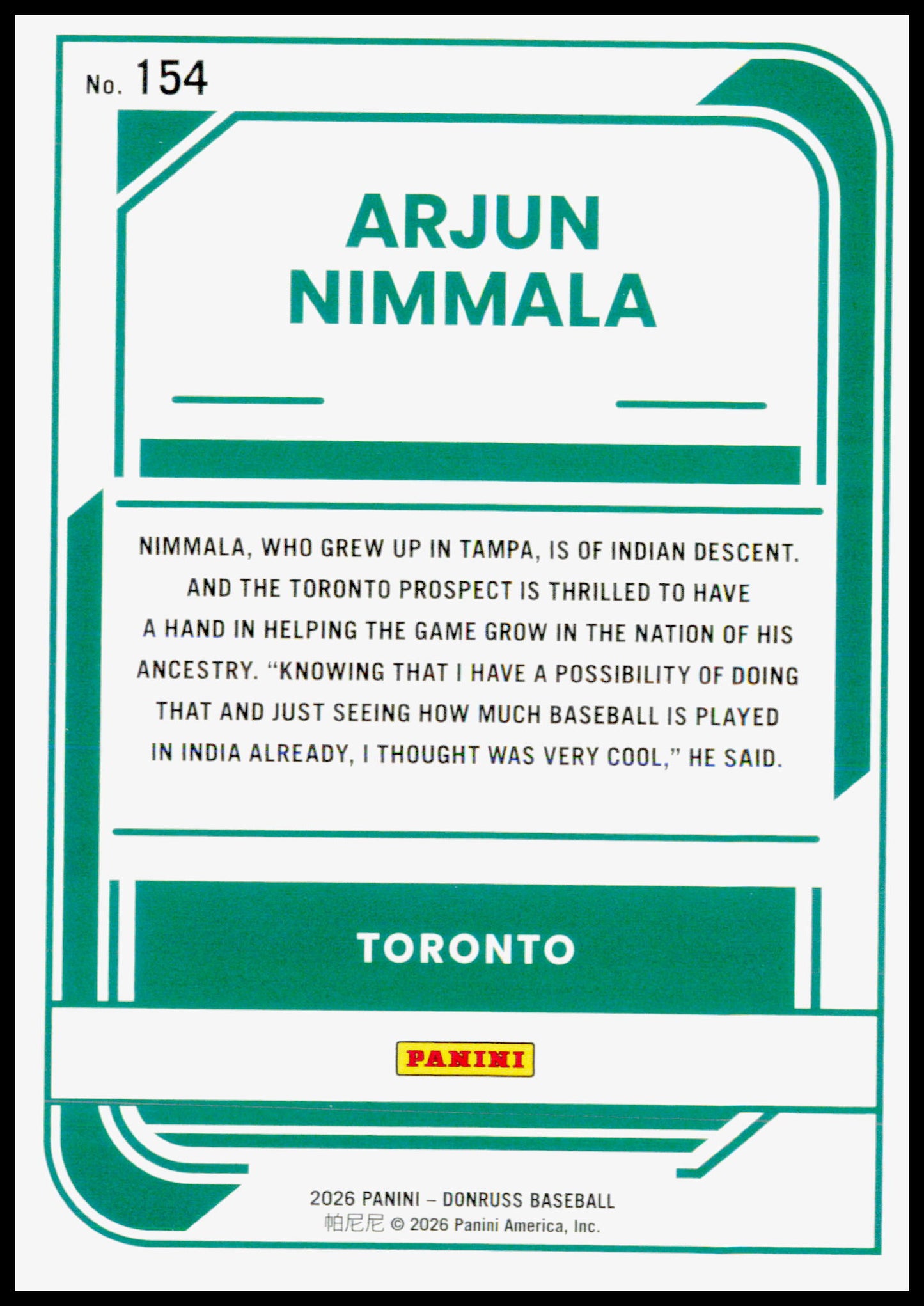 2026 Donruss Arjun Nimmala Card Toronto Blue Jays #154