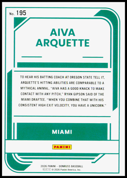 2026 Donruss Aiva Arquette Card Miami Marlins #195