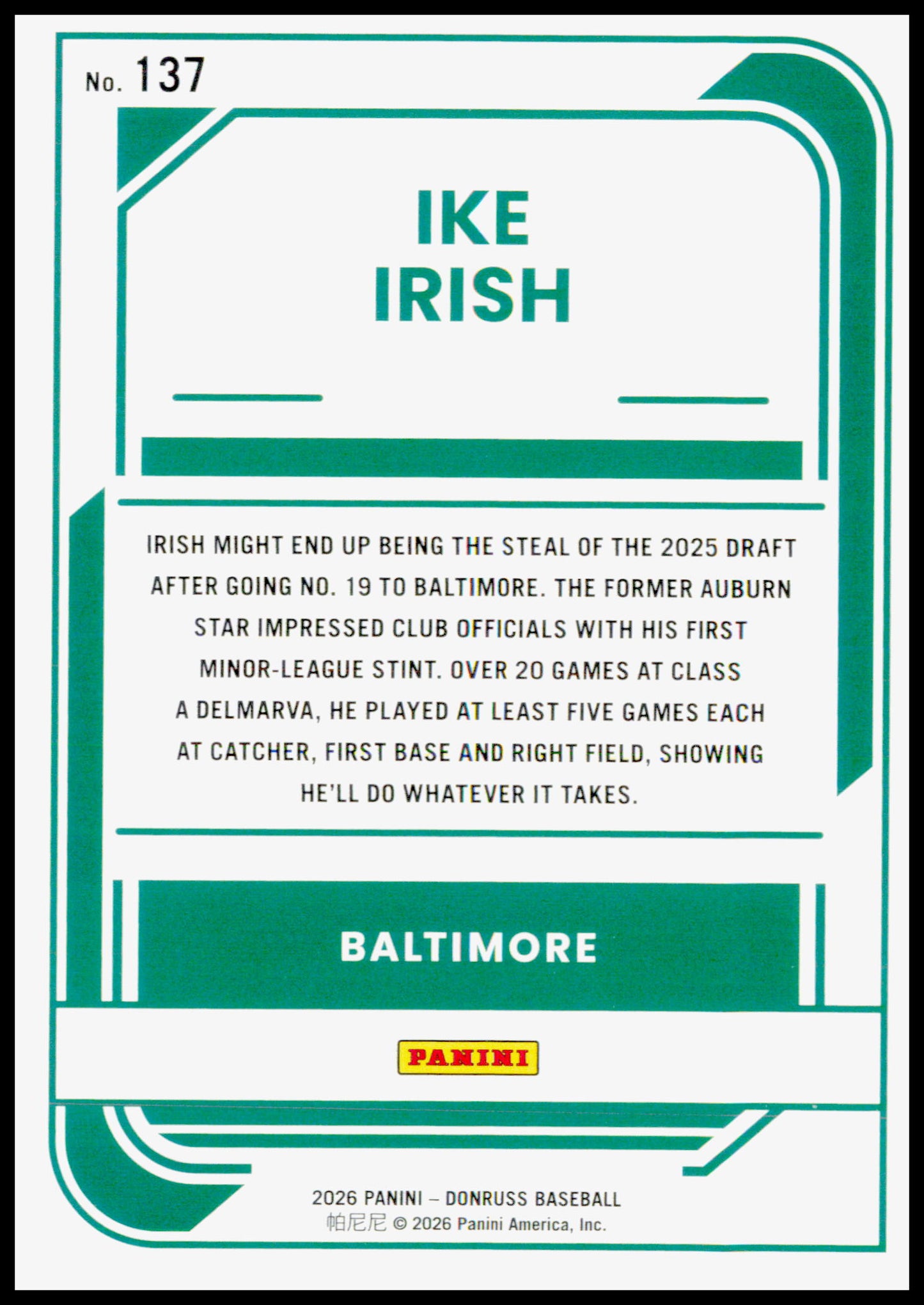 2026 Donruss Ike Irish Card Baltimore Orioles #137