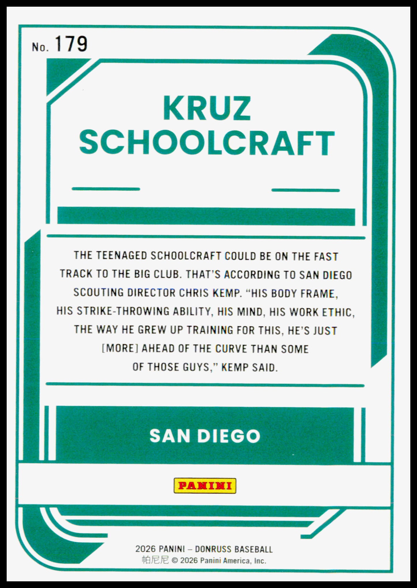 2026 Donruss Kruz Schoolcraft Card San Diego Padres #179