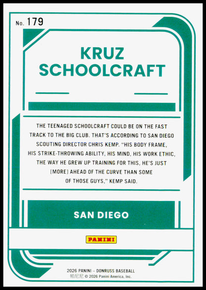 2026 Donruss Kruz Schoolcraft Card San Diego Padres #179