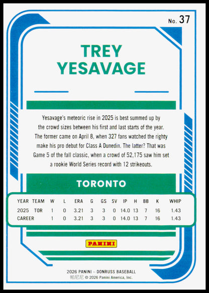 2026 Donruss Trey Yesavage Card Optic Rookie Toronto Blue Jays #37