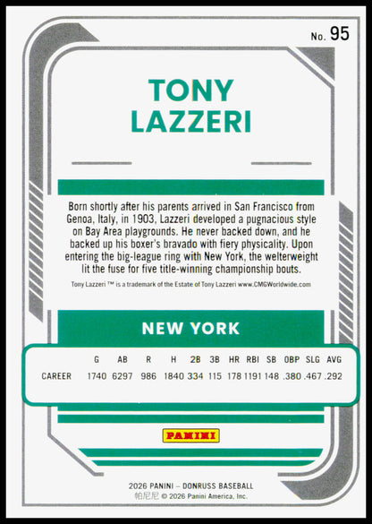 2026 Donruss Tony Lazzeri Card New York Yankees #95