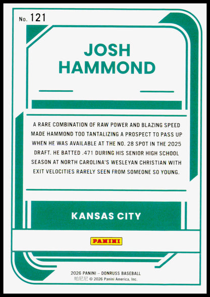 2026 Donruss Josh Hammond Card Kansas City Royals #121