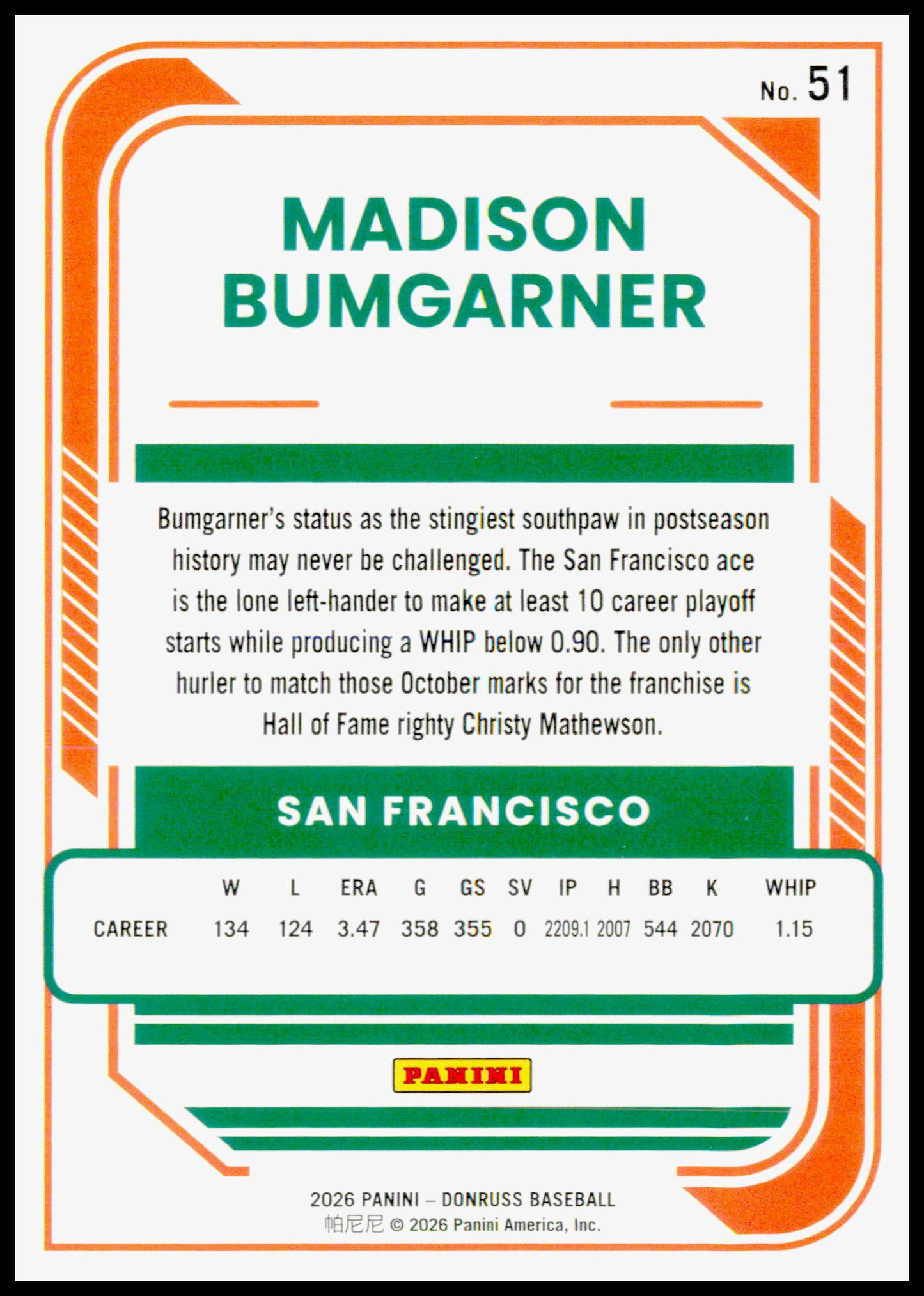 2026 Donruss Madison Bumgarner Card Red and Blue San Francisco Giants #51