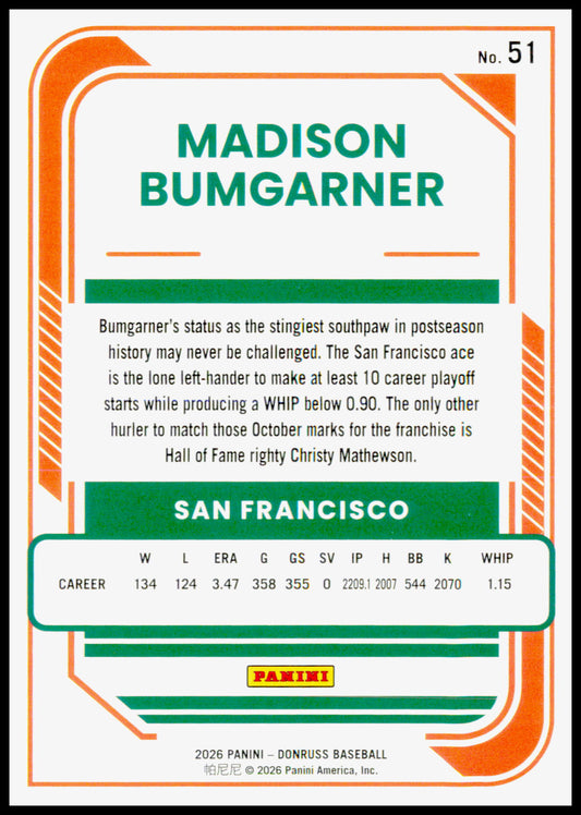 2026 Donruss Madison Bumgarner Card Red and Blue San Francisco Giants #51