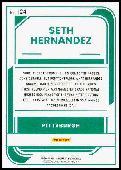 2026 Donruss Seth Hernandez Card Rockets Pittsburgh Pirates #124