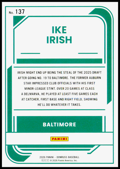 2026 Donruss Ike Irish Card Liberty Baltimore Orioles #137