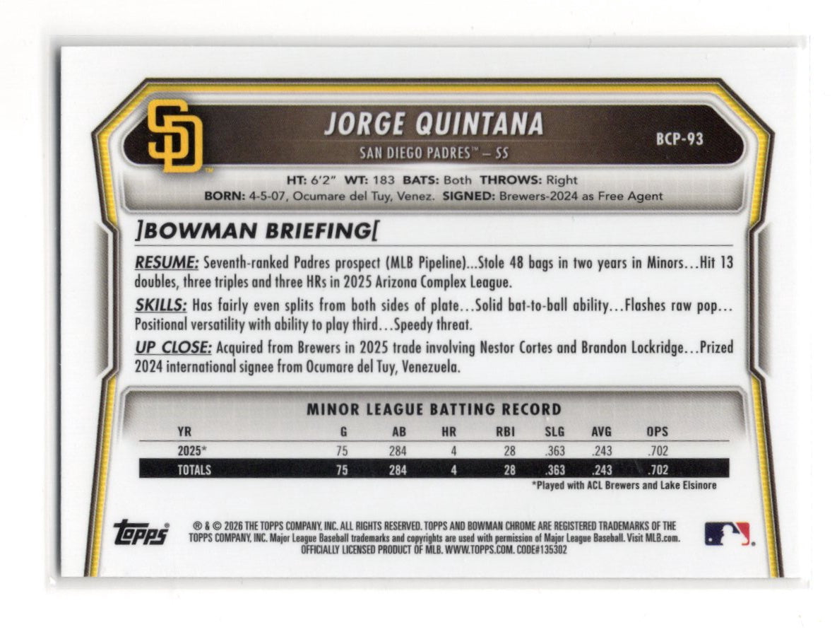 2026 Bowman Jorge Quintana Card Chrome Prospects San Diego Padres #BCP-93