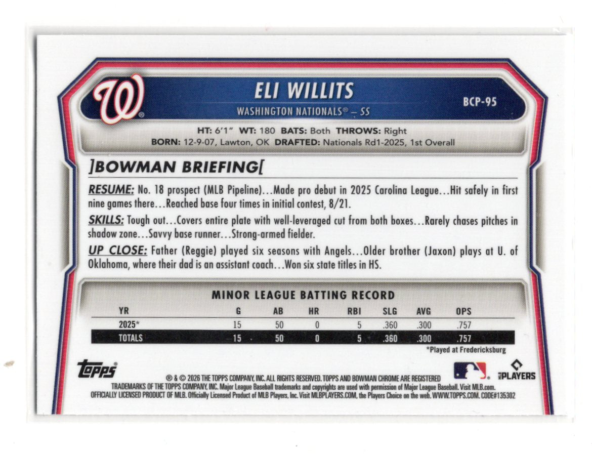 2026 Bowman Eli Willits Card Chrome Prospects Washington Nationals #BCP-95