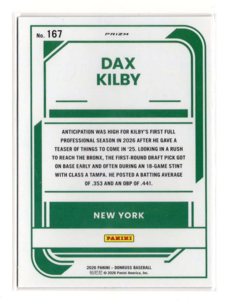 2026 Donruss Dax Kilby Card Optic Circles New York Yankees #167