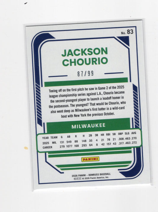 2026 Donruss Jackson Chourio Card Holo Purple SN Milwaukee Brewers #83