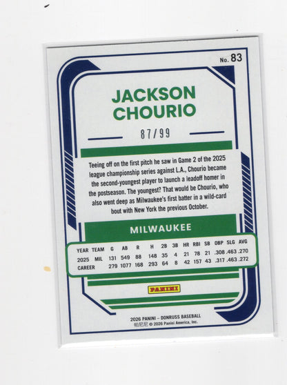 2026 Donruss Jackson Chourio Card Holo Purple SN Milwaukee Brewers #83