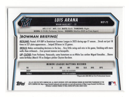 2026 Bowman Luis Arana Card Chrome Prospects Miami Marlins #BCP-72