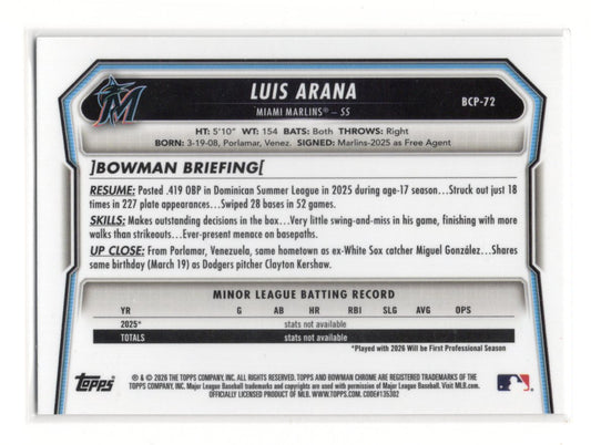 2026 Bowman Luis Arana Card Chrome Prospects Miami Marlins #BCP-72