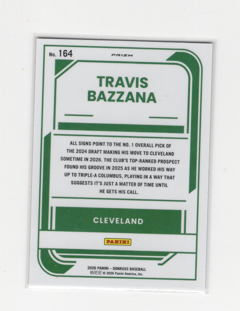2026 Donruss Travis Bazzana Card Optic Orange Velocity Cleveland Guardians #164