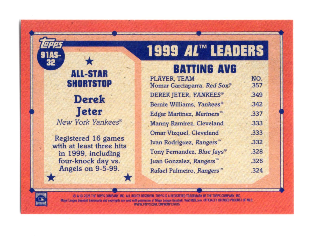 2026 Topps Derek Jeter Card 1991 Topps Baseball 35th Anniversary All-Stars