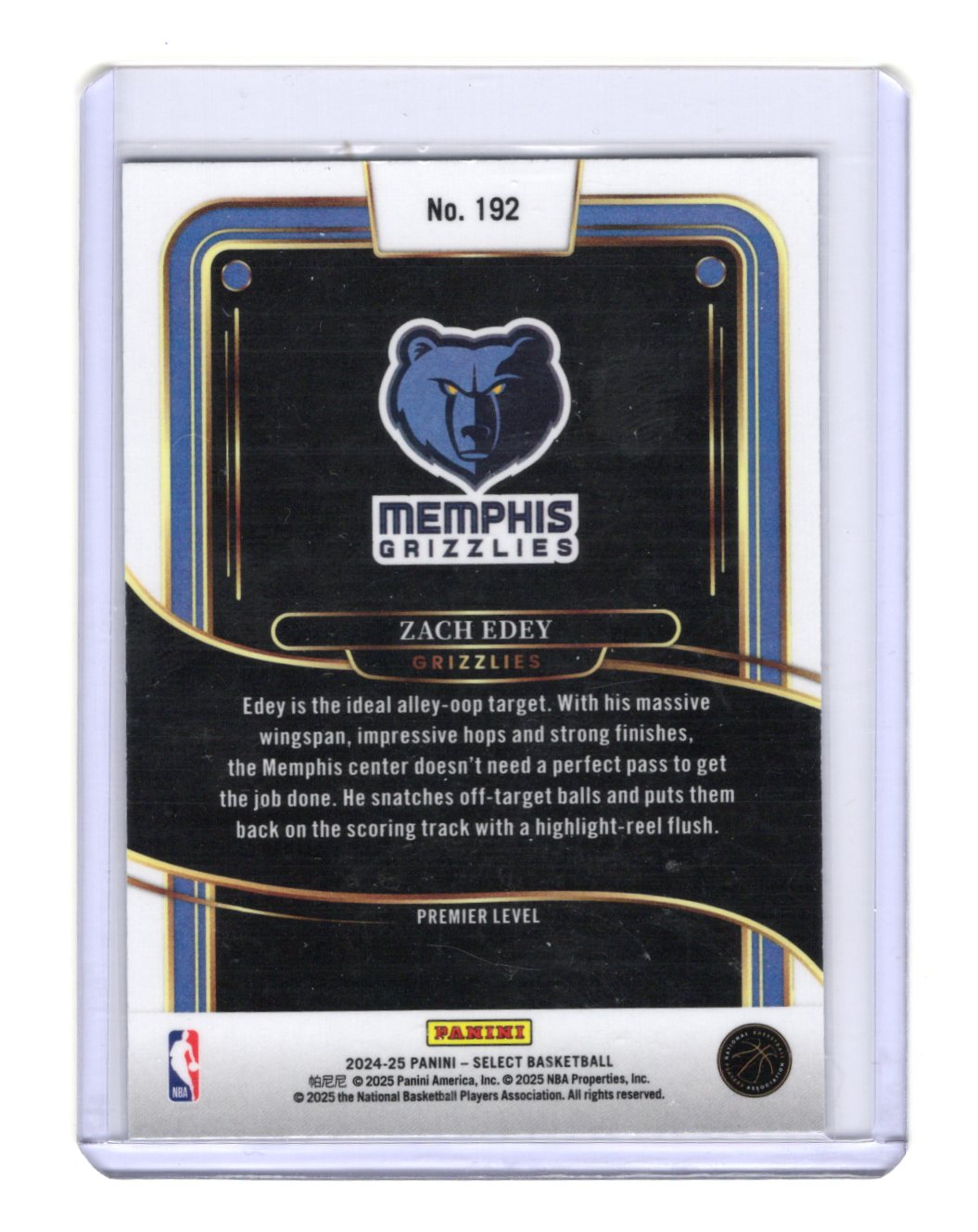 2024-25 Panini Select Zach Edey Card Rookie Memphis Grizzlies #192