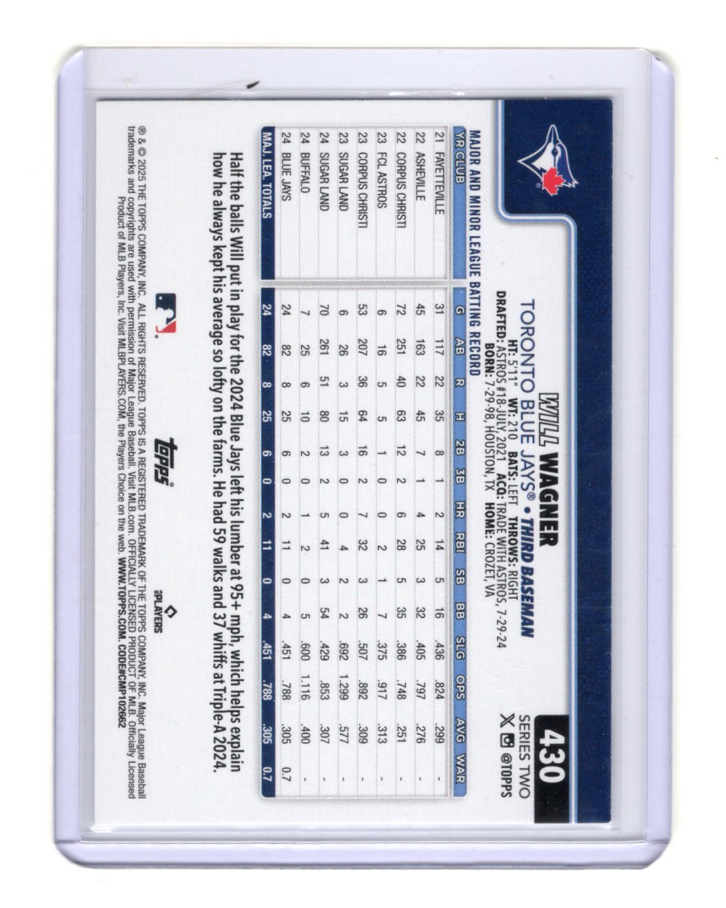 2025 Topps Will Wagner Card Rookie Toronto Blue Jays #430