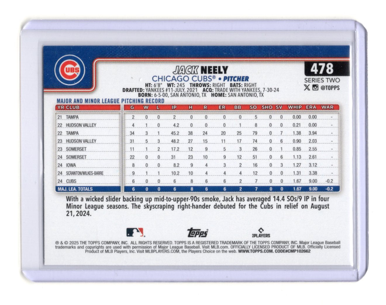 2025 Topps Jack Neely Card Rookie Chicago Cubs #478