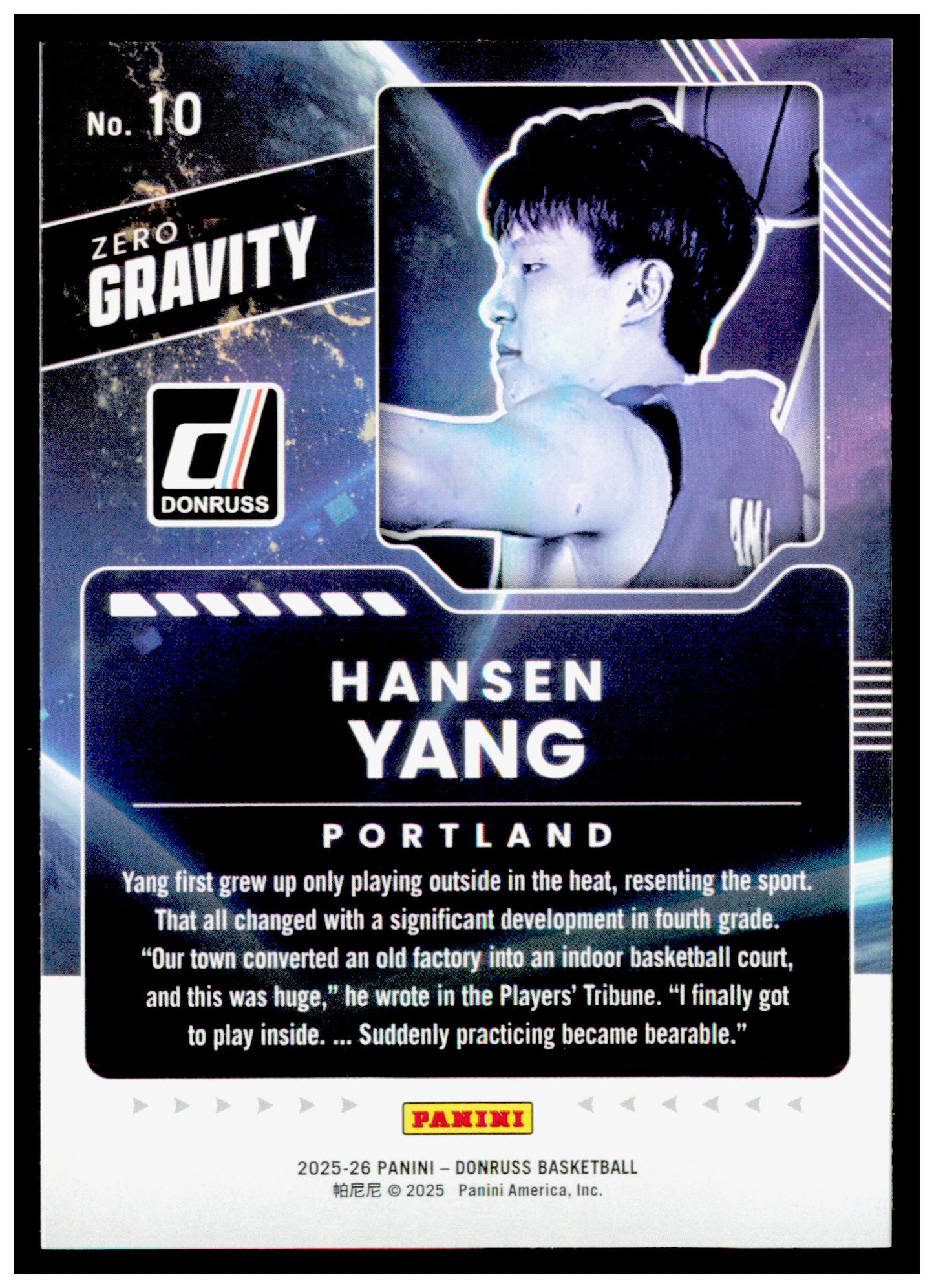 2025-26 Donruss Hansen Yang Card Zero Gravity Portland Trail Blazers #10