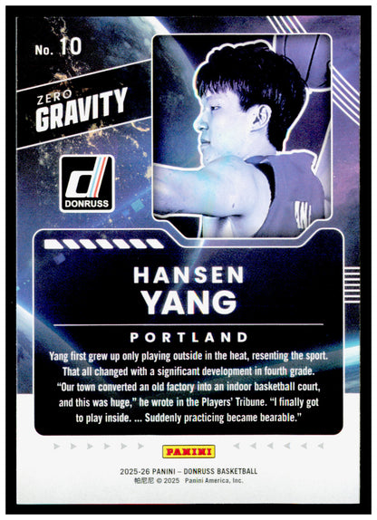 2025-26 Donruss Hansen Yang Card Zero Gravity Portland Trail Blazers #10