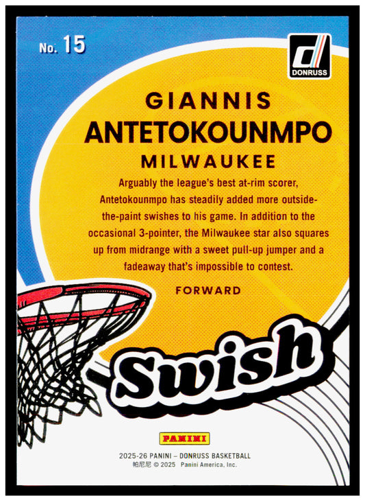 2025-26 Donruss Giannis Antetokounmpo Card Swish Milwaukee Bucks #15