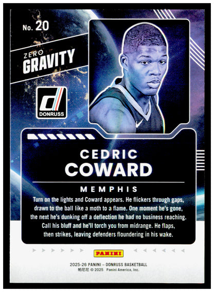 2025-26 Donruss Cedric Coward Card Zero Gravity Memphis Grizzlies #20