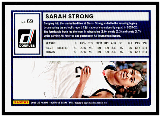 2025-26 Donruss Sarah Strong Card Connecticut Huskies #69