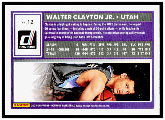 2025-26 Donruss Walter Clayton Jr. Card Utah Jazz #12