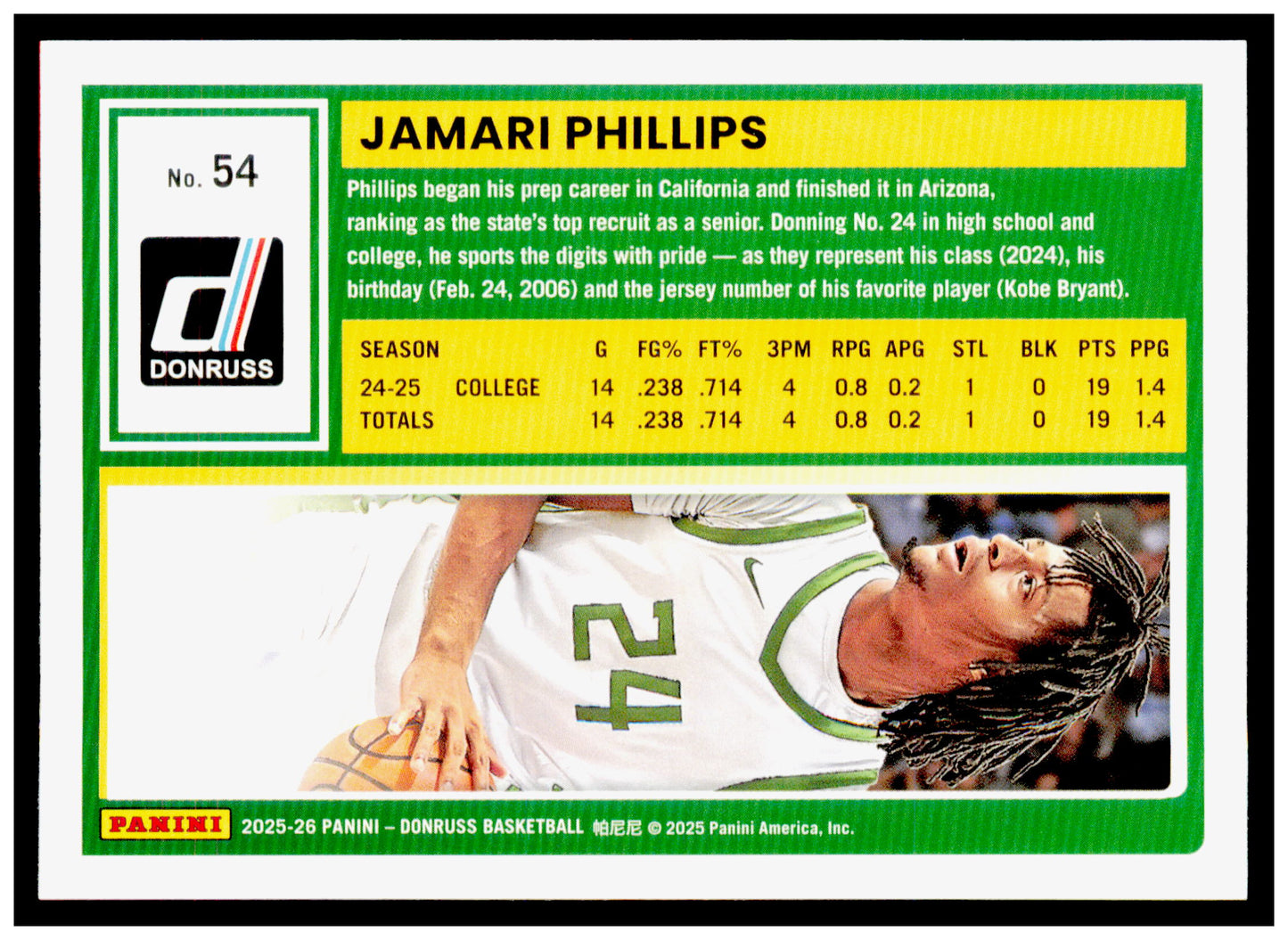 2025-26 Donruss Jamari Phillips Card Oregon Ducks #54